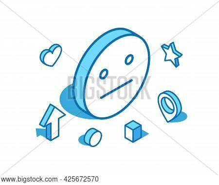Emotionless Emoji Blue Line Isometric Illustration. Expressionless, Indifferent 3d Banner Template.