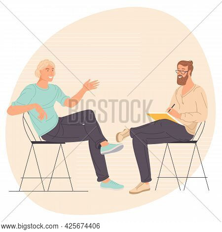 Flat Design Vector Concept For Psychotherapy Session. Patient With Psychologist, Psychotherapist Off