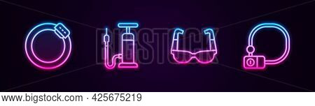 Set Line Bicycle Brake Disc, Air Pump, Sport Cycling Sunglasses And Lock. Glowing Neon Icon. Vector