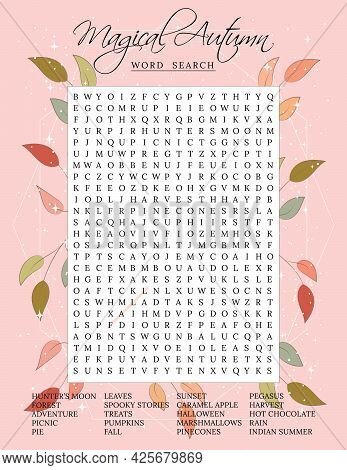 Magical Autumn Word Search Puzzle. Fall Season Crossword Puzzle For Children Or Adults. Printable Wo