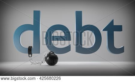 Close Up Of Blue Debt Text Tied With Black Prison Ball. Concept For Unfree And Slavery. 3d Rendering