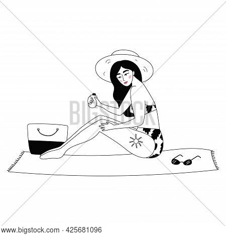 Woman Using Sun Protection Cream. Summer Beach Skin Care. Line Art. Female Character In Swimsuit And