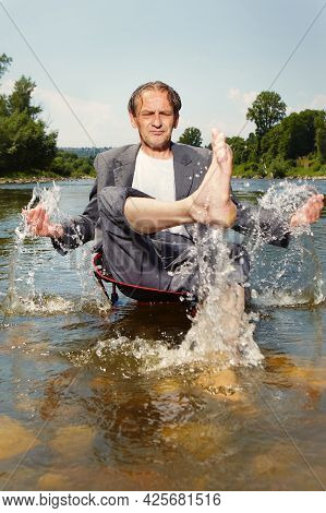 Manager In Grey Suit Became Crazy Of Hot Weather And Cooling In River