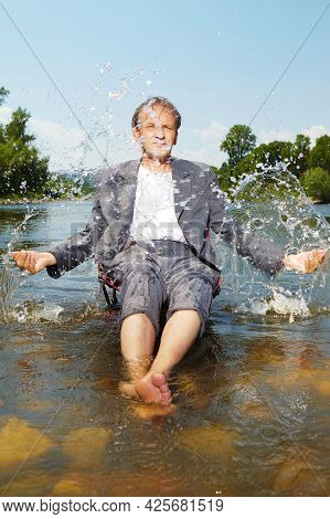 Manager In Grey Suit Became Crazy Of Hot Weather And Cooling In River