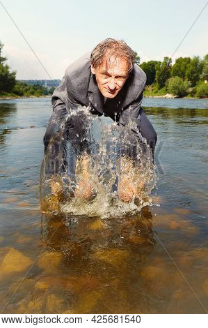 Manager In Grey Suit Became Crazy Of Hot Weather And Cooling In River