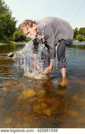 Manager In Grey Suit Became Crazy Of Hot Weather And Cooling In River