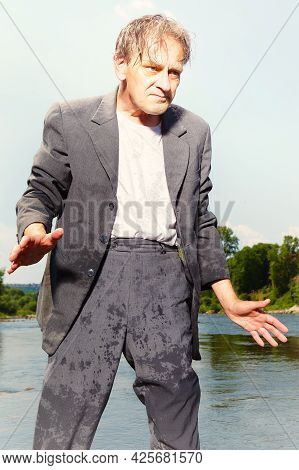 Manager In Grey Suit Became Crazy Of Hot Weather And Cooling In River