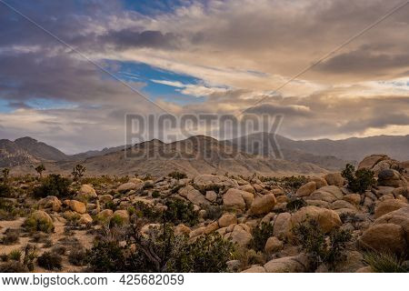 Rocky Valley Below Mount Minerva Hoyt As Rain Passes By In Joshua Tree National Park