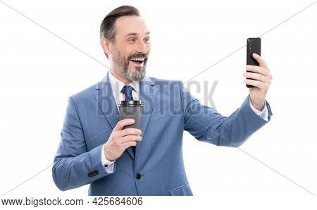 Happy Man Blogger In Suit Meking Selfie On Phone And Drink Coffee Isolated On White, Video Call.