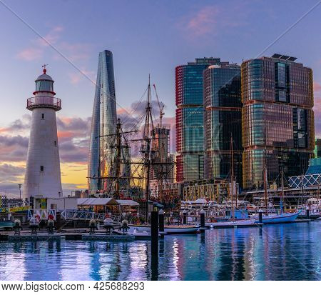 Sydney Harbour And City Skyline Of Darling Harbour And Barangaroo Australia Bright Neon Lights Refle