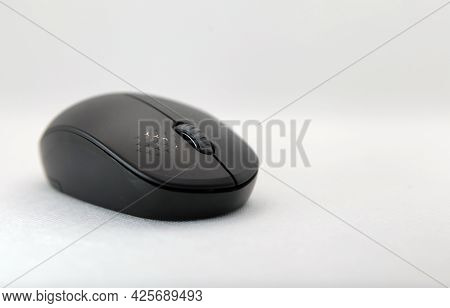 Close Up Of A Black Mouse Isolated White Background, Copy Space
