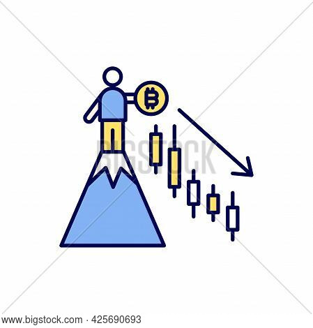 A Man With A Bitcoin Stands On The Top Of The Hill But The Price Chart Goes Down. Cryptocurrency Mar