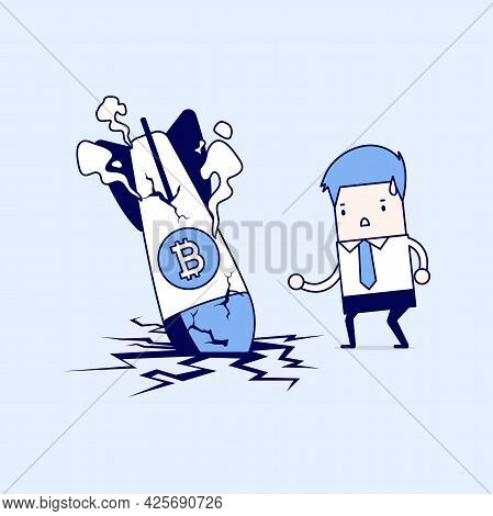 Businessman With Bitcoin Rocket Crash Flying Down. Cartoon Character Thin Line Style Vector.