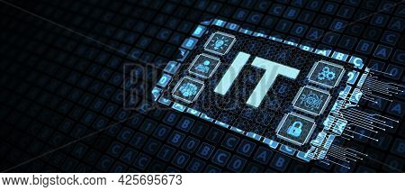 It Consultant Presenting Tag Cloud About Information Technology. 3d Illustration