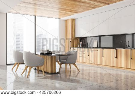 Corner Of The Kitchen Interior With Grey Chairs. Panoramic Windows. Half White Wooden Cabinet, With 