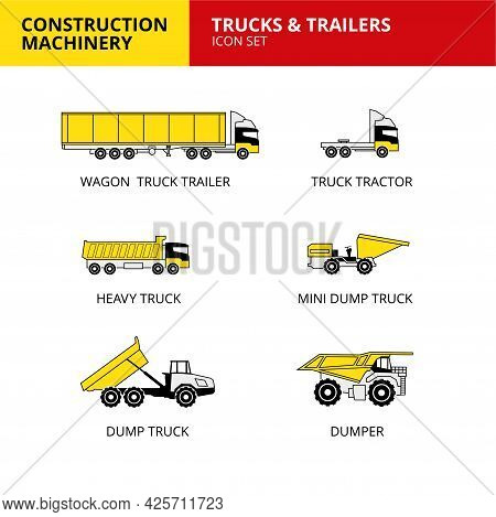Trucks And Trailers Vehicle Construction Machinery Transport Icons Set