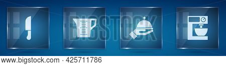 Set Knife, Measuring Cup, Covered With Tray And Electric Mixer. Square Glass Panels. Vector