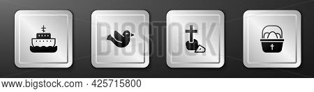 Set Ark Of Noah, Dove, Christian Cross And Basket With Easter Eggs Icon. Silver Square Button. Vecto