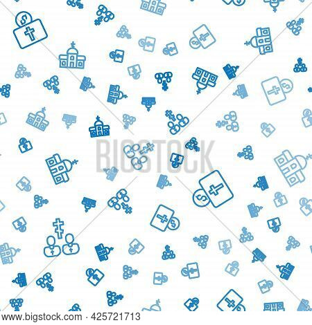 Set Line Priest, Donation For Church And Church Building On Seamless Pattern. Vector