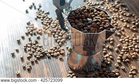Geyser Coffee Maker, Coffee Beans Top View, Background From Coffee. Turk With Grains.