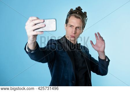 Brag About Your Success On Social Networks. A Young Man Has Received An Achievement And Takes A Self