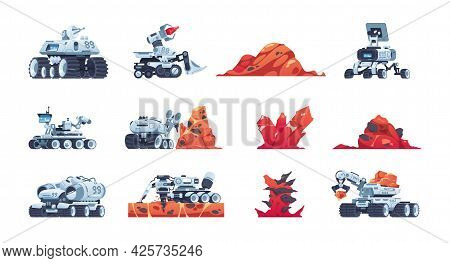 Cartoon Rover. Alien Planet Exploration Transport With Manipulators For Soil Samples. Red Rocks And 