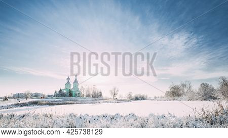 Village Krupets, Dobrush District, Gomel Region, Belarus. Old Wooden Orthodox Church Of The Holy Tri
