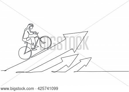 Continuous One Line Drawing Of Young Arab Businessman Ride Bicycle To Climb Arrow Up Sign. Business 
