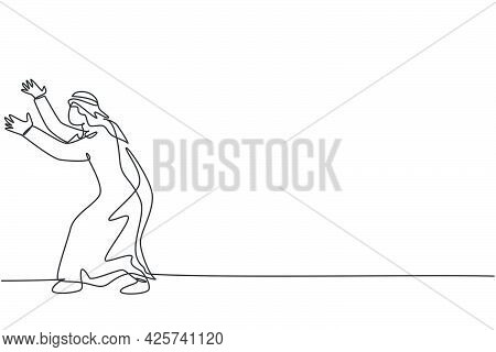 Continuous One Line Drawing Of Young Arab Businessman Pose Holding Gesture, Protection From Business
