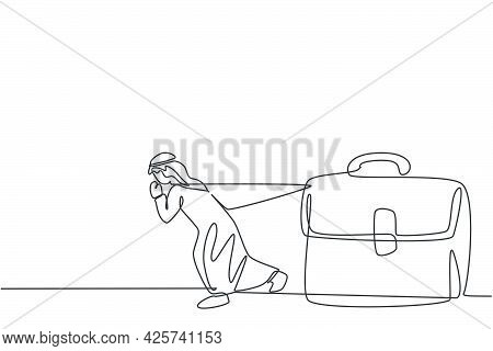 Continuous One Line Drawing Of Young Arab Businessman Pulling The Leather Briefcase. Business People