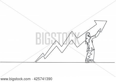 Single Continuous Line Drawing Of Young Beauty Arabian Female Manager Draw Progress Line Graph. Prof