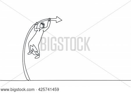 Single One Line Drawing Of Young Attractive Arabic Male Entrepreneur Jumping High Using Pole Vault. 