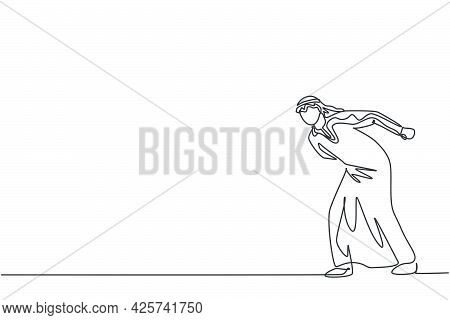 Single Continuous Line Drawing Of Young Arab Businessman Walking With His Hunchback Body. Struggling