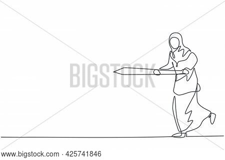 Continuous One Line Drawing Young Arabic Female Worker Running While Holding Sword To Hit Goal Targe