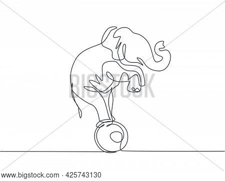 Continuous One Line Drawing A Trained Elephant Stands On The Ball With Its Forelegs Raised. Very Goo