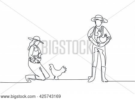 Single One Line Drawing Of Man Farmer Carried The Chicken With Both Hands. The Female Farmer Knelt D