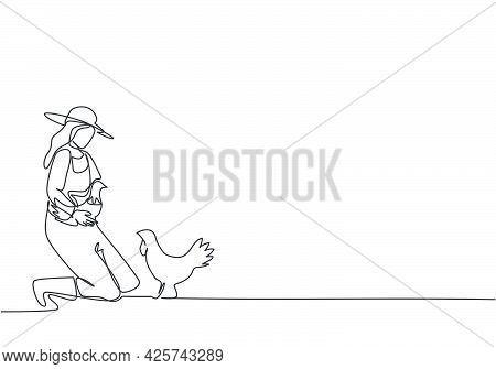 Continuous One Line Drawing Young Female Farmer Knelt Down To Pick Up The Chicken. To Return To The 