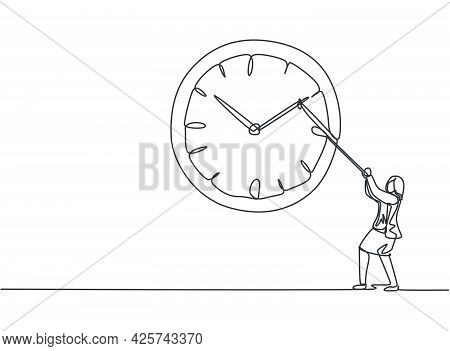 Single One Line Drawing Of Young Business Woman Pulling Clockwise Of Big Analog Wall Clock With Rope
