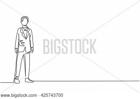 Continuous One Line Drawing Of Young Smart Businessman Standing On Office Suit. Success Business Man