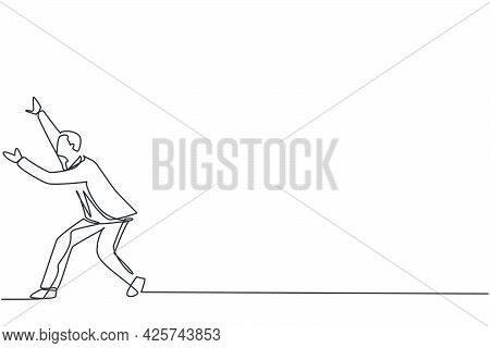 Single One Line Drawing Of Young Smart Business Manager Withstand Challenges. Business Financial Obs