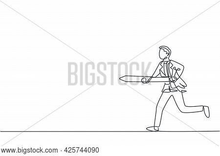 Single One Line Drawing Of Young Smart Male Employee Running And Holding Spear To Hit Target. Busine