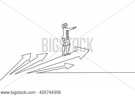 Continuous One Line Drawing Of Young Female Worker Riding On Forward Arrows Symbol. Success Business
