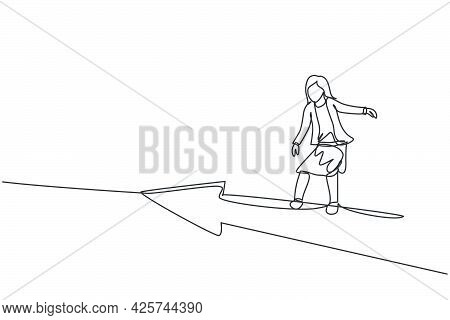 Continuous One Line Drawing Young Female Worker Flying And Riding Forward Arrow To Reach Goal. Succe