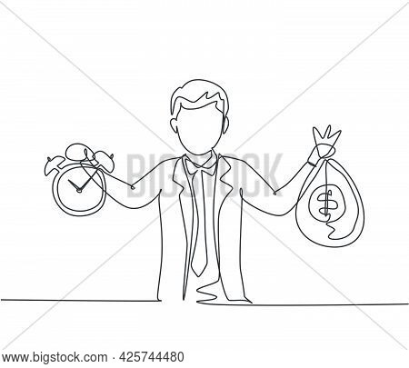 Single Continuous Line Drawing Young Business Man Holding Money Bag And Alarm Clock With His Hands. 