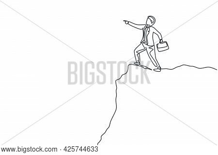 Single One Line Drawing Young Smart Business Man Standing At Cliff Edge Pointing Finger To The Sky. 