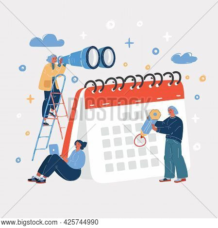 Vector Illustration Of Company Business Team Working Together Planning And Scheduling. Searching, Wo