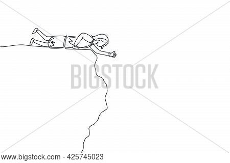 Single Continuous Line Drawing Of Young Business Woman Lay Down At Cliff Edge To Reach Partner. Prof