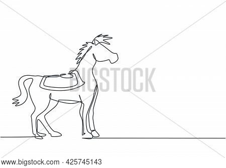 Single Continuous Line Drawing A Circus Horse Stands On The Show Arena, Looking Ahead And Getting Re