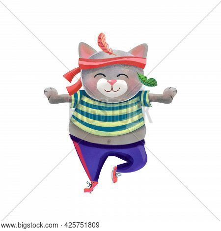 Funny Grey Cat Character Doing Youga Or Kung Fu.