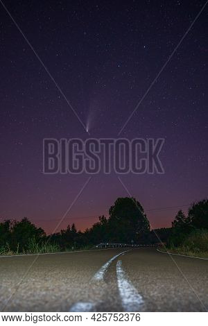 Neowise 2020 F3 Comet And Road, Long Exposure